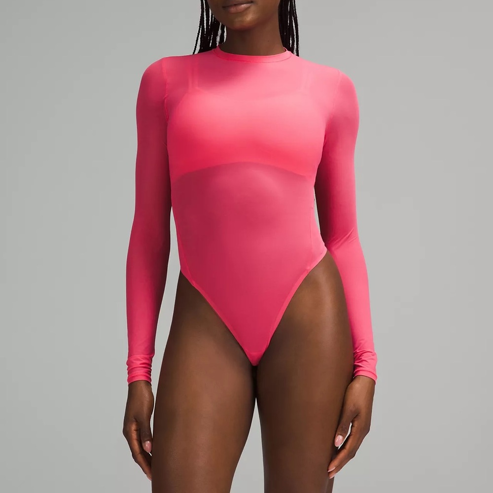 Hot pink / Mesh Long-Sleeve Crewneck Bodysuit